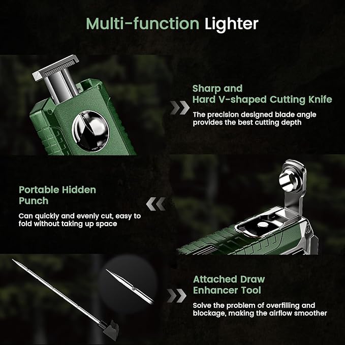 5-in-1 Torch Lighter with Cutter, Punch, Holder, and Draw Enhancer Tool, Triple Windproof Flame, All-in-one Lighter with Multi-Functional Accessory, Refillable Butane Lighter with Gift Box for Men