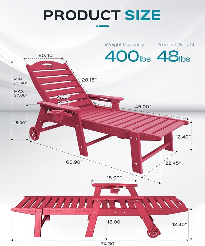 Outdoor Chaise Lounge Chair Set of 2, Patio Lounge Chairs for Outside, HDPE Lounge Chair with Wheels & Cup Holder, Poly Chair with 5 Position for Poolside, Deck, Red