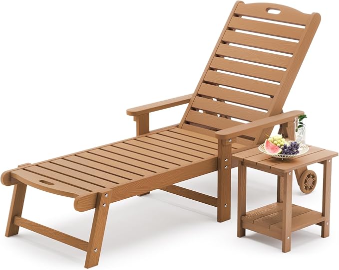 LUE BONA Chaise Lounge Chair with Table, 2-Piece, 79'' Oversized HDPS Chaise Lounger, 5 Positions Adjustable Lounge Chairs, Pool Lounge Chair with Wheels for Poolside, 3 Year Warranty, Teak Color