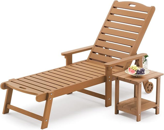 LUE BONA Chaise Lounge Chair with Table, 2-Piece, 79'' Oversized HDPS Chaise Lounger, 5 Positions Adjustable Lounge Chairs, Pool Lounge Chair with Wheels for Poolside, 3 Year Warranty, Teak Color