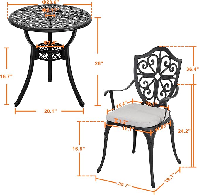 NUU GARDEN 3-Piece Outdoor Bistro Set, Cast Aluminum Patio Bistro Table and Chairs with Umbrella Hole and Grey Cushions, Bistro Set for Patio and Backyard, Black