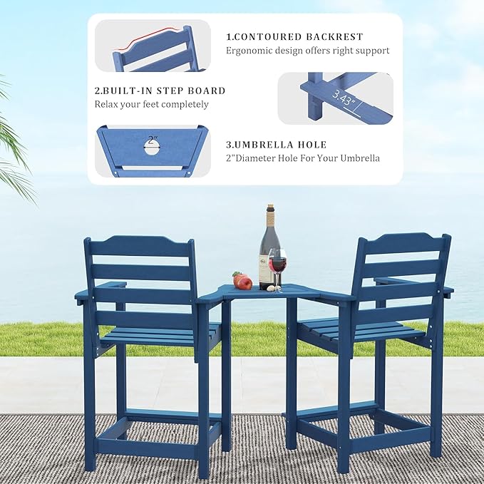 OTSUN Tall Adirondack Chairs Set of 4, HDPE Weather Resistant Balcony Chairs for Garden, Backyard, Poolside, Capacity 300 LBS(4 PCS，Navy Blue)