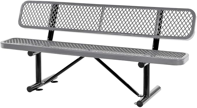 Global Industrial 6'L Heavy Duty Expanded Metal Mesh Bench with Backrest with Steel Frame, Portable Outdoor Bench, 1000 lbs Capacity, Gray, 72" L x 24" W x 33" H
