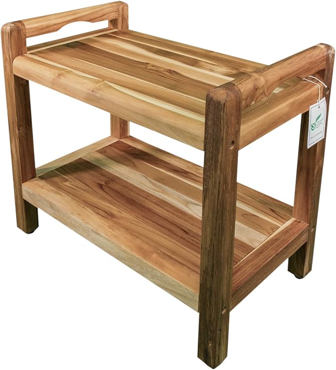 EcoDecors Eleganto 24 Inch Natural Color Waterproof Teak Wood Shower Bench Stool Seat Chair For Inside Shower Provides Safety, Storage, and Organization For Bathroom Accessories