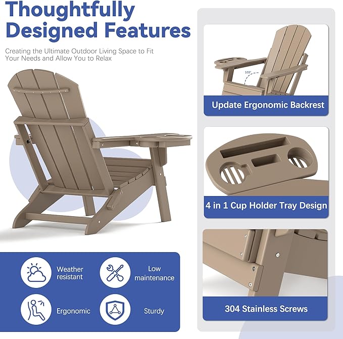FOOWIN Folding Adjustable Adirondack Chair Set of 4,HDPE Adirondack Chair w/4 in 1 Cup Holder Trays,All-Weather Resistant Fire Pit Chair, Outdoor Chair for Patio Lawn Poolside,400lbs,Brown