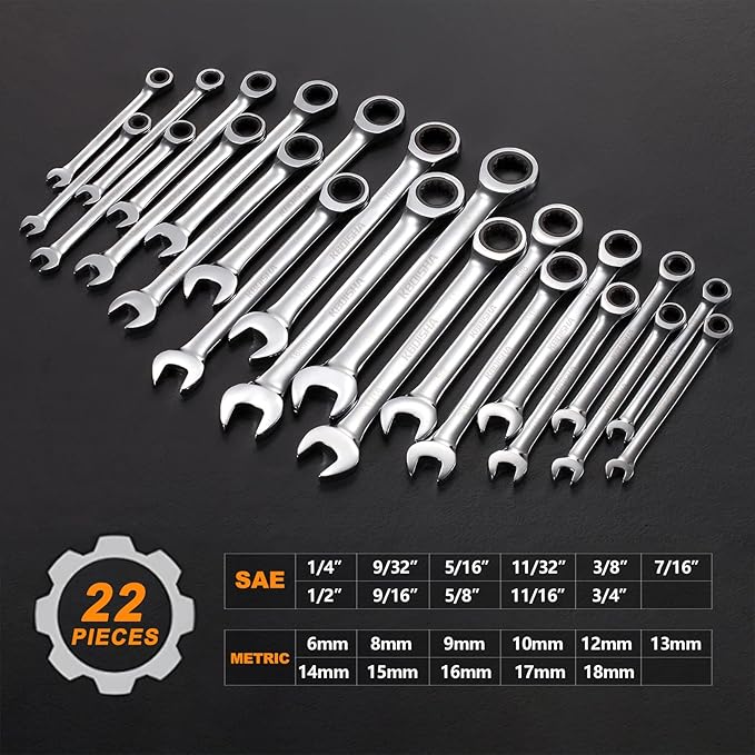 kboisha Ratcheting Wrench Set, 22-Piece Combination Wrench Set with Metric and SAE CR-V Steel Ratchet 72-Tooth 6-18mm and 1/4" to 3/4" Standard Wrench Organizer