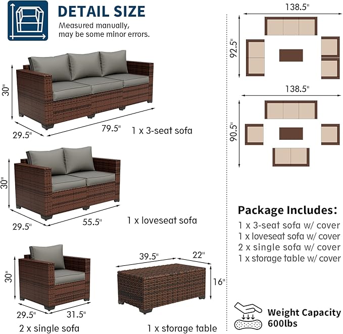 UDPATIO Outdoor Patio Furniture Set 5 Piece Wide Armrest Rattan Patio Sofa Sets w/Storage Table and Waterproof Covers for Poolside Deck Backyard, Grey