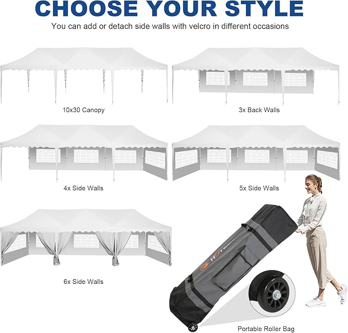 HOTEEL 10x30 Pop Up Canopy Tent with 8 Walls, Extra Tall Party Tent, Waterproof Event Shelter, Easy Setup with Wheeled Bag & Weight Bags for Wedding Backyard Large Events, White