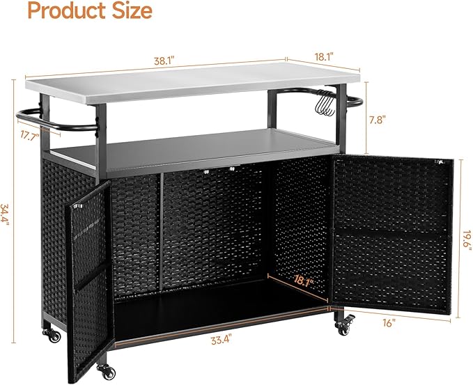 Outdoor Storage Cabinet, Rattan Patio Bar Tables with Wheels, Kitchen Island Cart with Stainless Steel Top for BBQ, Patio, Backyard