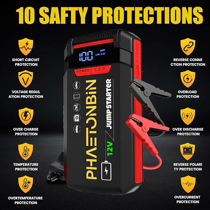 1500A Jump Starter for 7.0L Gas/3.5L Diesel Engine, 12V Car Battery Charger Portable with Jumper Cables,LED Display, LED Light, Power Bank with USB, Type C Port