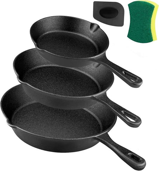 Cast Iron Skillet Set -3 Piece 6 inch, 8 inch and 10 inch Cast Iron Pan, with Scraper+Dish Sponge - Oven Grill Stovetop Safe Cookware - Black