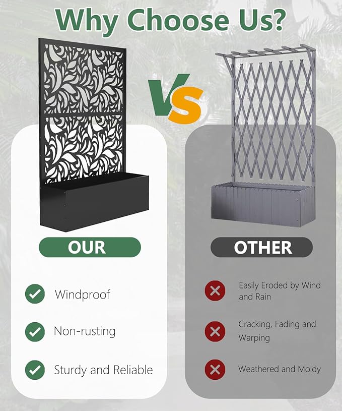 2PCS Metal Planter Box with Trellis,70.9"x47.2"x15.7" Raised Garden Bed with Drainage Holes, Privacy Planters for Outdoor Garden Bed for Climbing Plants,Vegetables,and Vines, Black-Flower