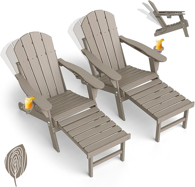 GREENVINES Adjustable Adirondack Chair with Retractable Ottoman Set of 2 | Folding | 2 Cup Holders | Wood Grain HDPE Plastic | Fire Pit Chairs w/Foot Rest | Desert Brown | for Outdoor Patio Poolside