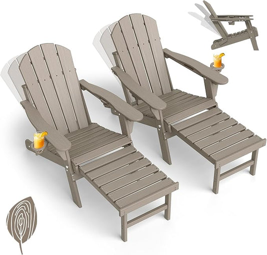 GREENVINES Adjustable Adirondack Chair with Retractable Ottoman Set of 2 | Folding | 2 Cup Holders | Wood Grain HDPE Plastic | Fire Pit Chairs w/Foot Rest | Desert Brown | for Outdoor Patio Poolside