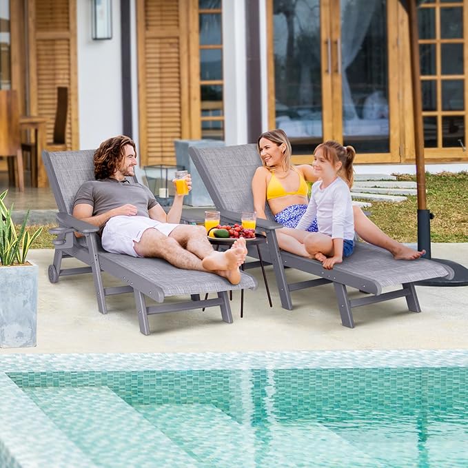 Outdoor Chaise Lounge Chair with Textilene Surface, 5-Position Adjustable Patio Lounge Chair with Wheels & Cup Holder, HDPE Pool Lounge Chair for Outside, Poolside & Beach (Grey, 1)