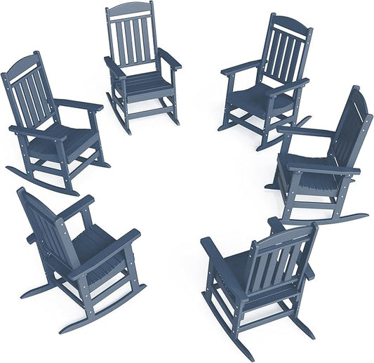 FOOWIN Outdoor Rocking Chair Set of 6, High Back Patio Rocking Chair, HDPE All Weather Resistant Porch Rocker for Adult, Oversized Rocking Chairs for Garden, Lawn, Indoor & Outdoor Use, Navy Blue