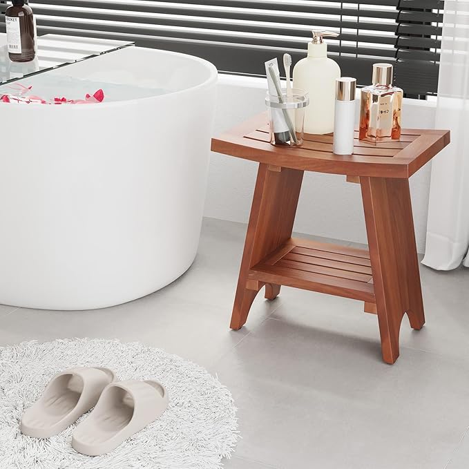 EROMMY 18" Teak Shower Bench with Storage Shelf, Solid Teak Wood Shower Seat, Waterproof Shower Stool for Shaving Legs, Heavy Duty Shower Chair for Inside Shower Bathroom Indoor Outdoor Patio Pool