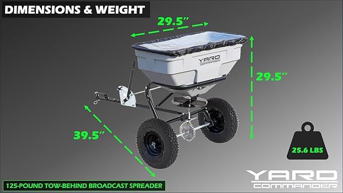 Yard Commander - 125 LB Tow Behind Lawn & Garden Broadcast Spreader - Seed, Fertilizer, Salt, Ice Melt - Premium Aluminum Cast Gears - Gate Lever for Easy Spread Control