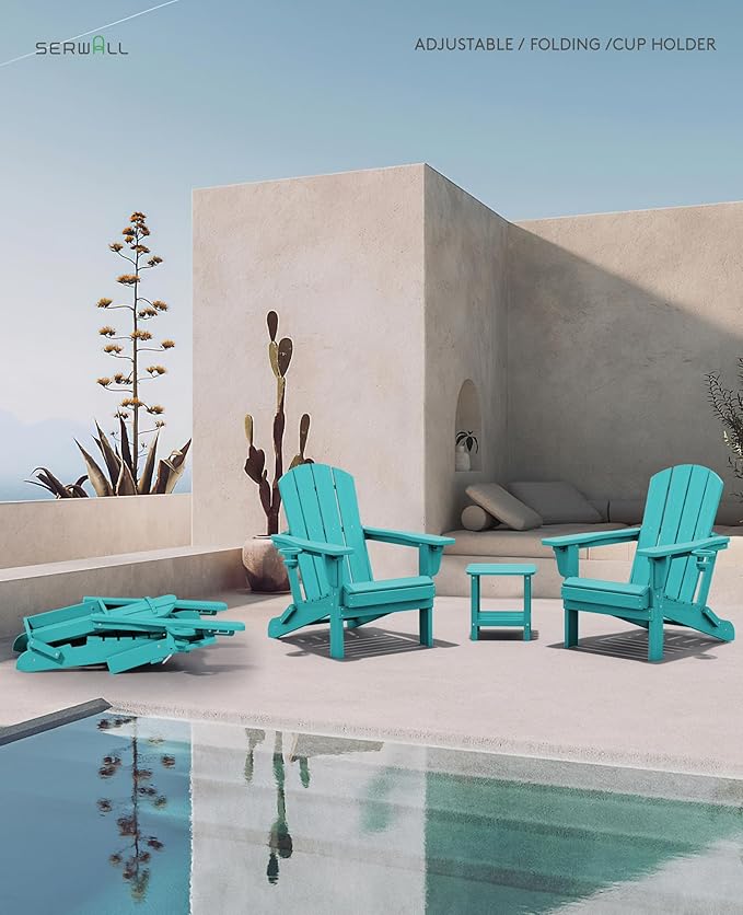 SERWALL Folding Adirondack Chair Set of 6, Adjustable Adirondack Chair with 3 Recline Positions, All Weather HDPE Outdoor Adirondack with Cup Holders, Aruba
