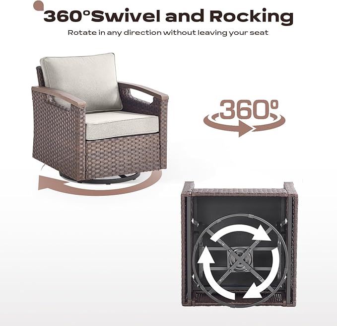 Rilyson 4 Piece Outdoor Patio Swivel Rocking Chairs, All Weather Wicker, Metal Armrest, Deep Seating, Thick Comfortable Cushions, Ideal for Deck Porch Backyard, Brown/Beige