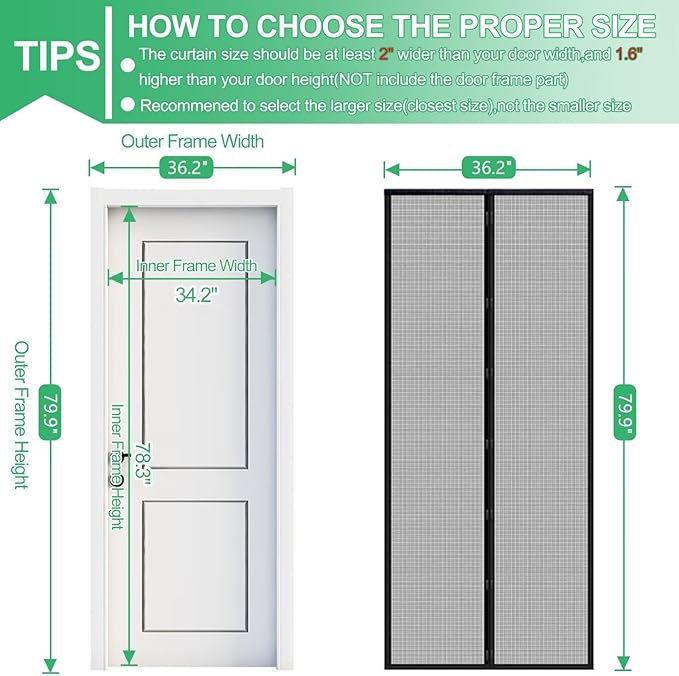 RELIANCER Fiberglass Magnetic Door Screen,Fit Door Size 34"x78",Auto Close Screen Door Mesh w/Magnets,Patio Doorway Net Screens,Self-Closing Doors Cover,Anti Mosquito Doorway Curtain,Mesh Partition