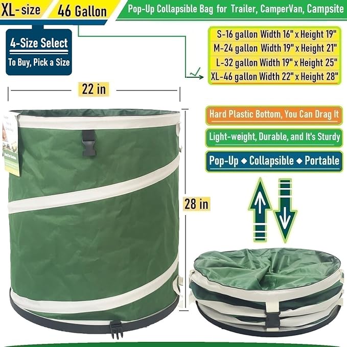 46-Gallon Collapsible Trash Can (22x28 in) Hard-Shell Bottom Yard Garden Bag for Leaf Bag,Yard Waste,Debris Container,Pop-Up Recycling Bin,Camping Waste Bag,Laundry Hamper,Lawn Grass,Sods,Weeds Barrel