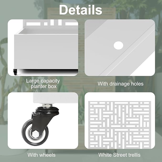 Large Raised Garden Beds with Trellis & Wheels, Metal Planter Box with Privacy Screen for Climbing Plants Vegetables, Fruits, 47"L Garden Boxes Outdoor with Drainage Holes (White Street)