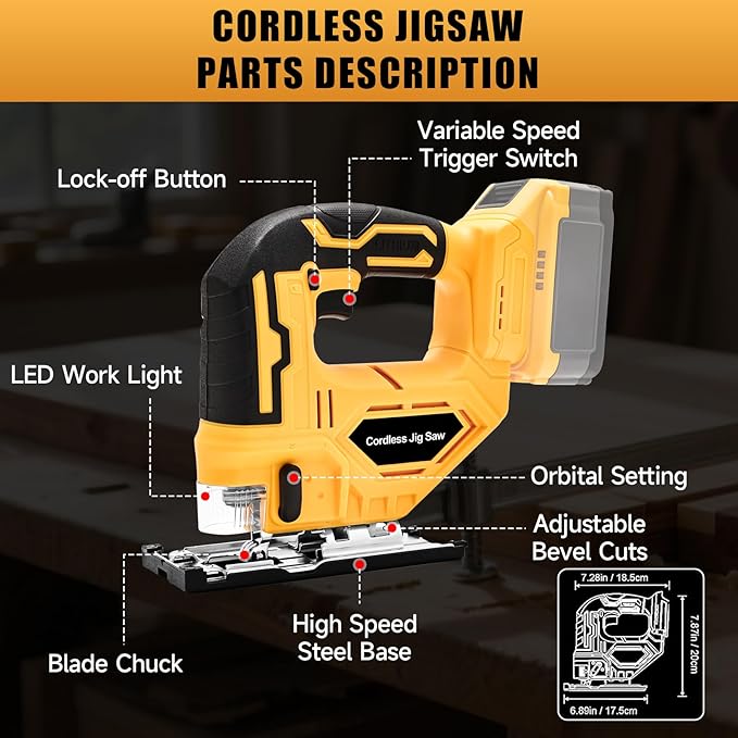 Jig Saw for Dewalt 20V Max Battery, Cordless Jigsaw Tool with 45° Bevel Cuts & 3 Orbital Motions, Up To 2900 RPM, Brushless JigSaw for Straight/Curve/Circle Cutting(Battery Not Include)