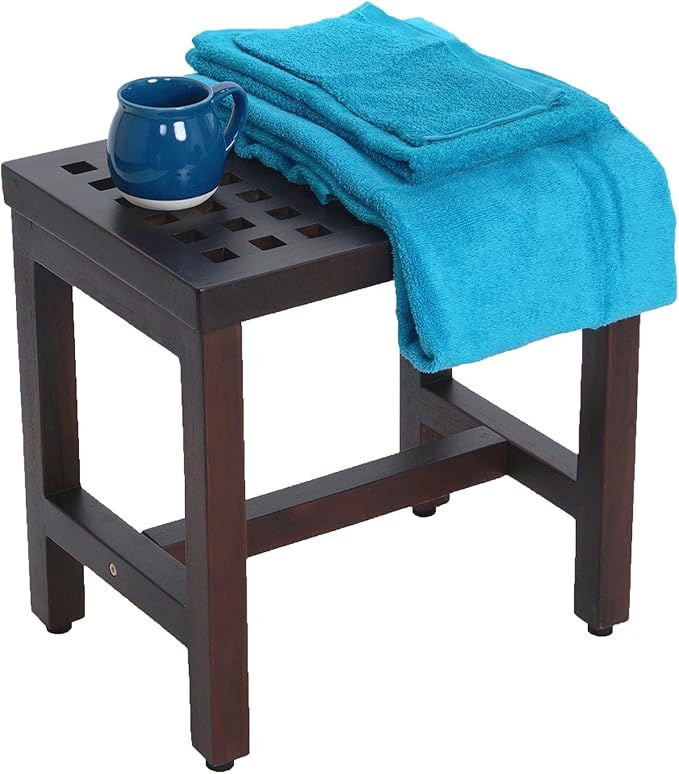 DecoTeak Espalier 18 Inch Lattice Waterproof Teak Wood Shower Bench Stool Seat Chair for Inside Shower Provides Safety, Storage, and Organization for Bathroom Accessories
