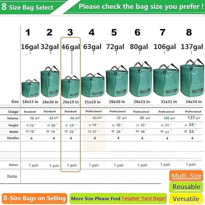 Standard 3-Pack 46 Gallon Yard Garden Bags (D26, H19 inch) W/Garden Gloves for Leaf Bags,Yard Waste Bags,Camping Waste Bin,Recycling Bag,Laundry Bag,Lawn Debris,Grass Clippings,Weeds Barrel 4 Handles