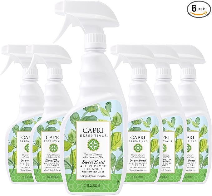 CAPRI ESSENTIALS All Purpose Cleaner, Natural Household Cleaning Supplies, Plant Based Kitchen Counter Surface Spray, Removes Dirt & Grime, Blend of Essential Oils, Sweet Basil 23 FL Oz (6 Pack)