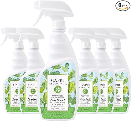 CAPRI ESSENTIALS All Purpose Cleaner, Natural Household Cleaning Supplies, Plant Based Kitchen Counter Surface Spray, Removes Dirt & Grime, Blend of Essential Oils, Sweet Basil 23 FL Oz (6 Pack)