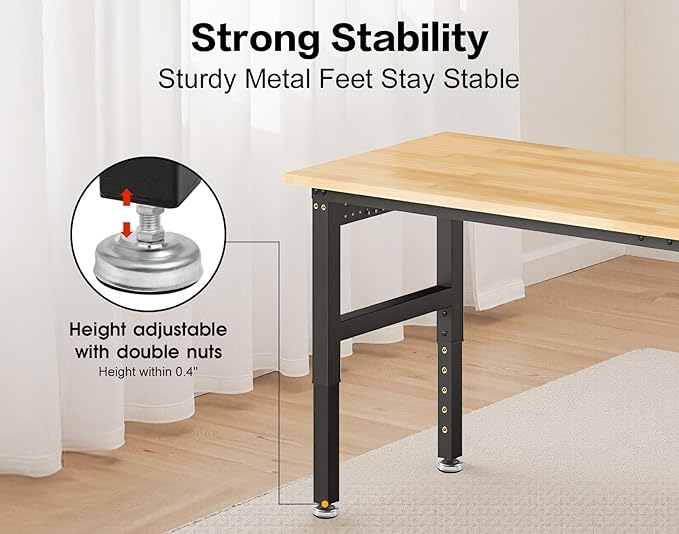84” Heavy Duty Workbench, 5000 LBS Capacity Adjustable Work Bench with Pegboard and Power Outlet, Rubber Wood Work Table for Garage, Office, Workshop, Home