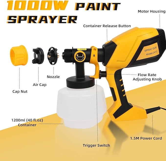 1000W HVLP Paint Sprayer High-Efficiency Electric Spray Gun with 6 Nozzles, 3 Patterns & Adjustable Flow, 40oz (1200ml) Detachable Container, Easy to Clean, for Home Improvement Projects