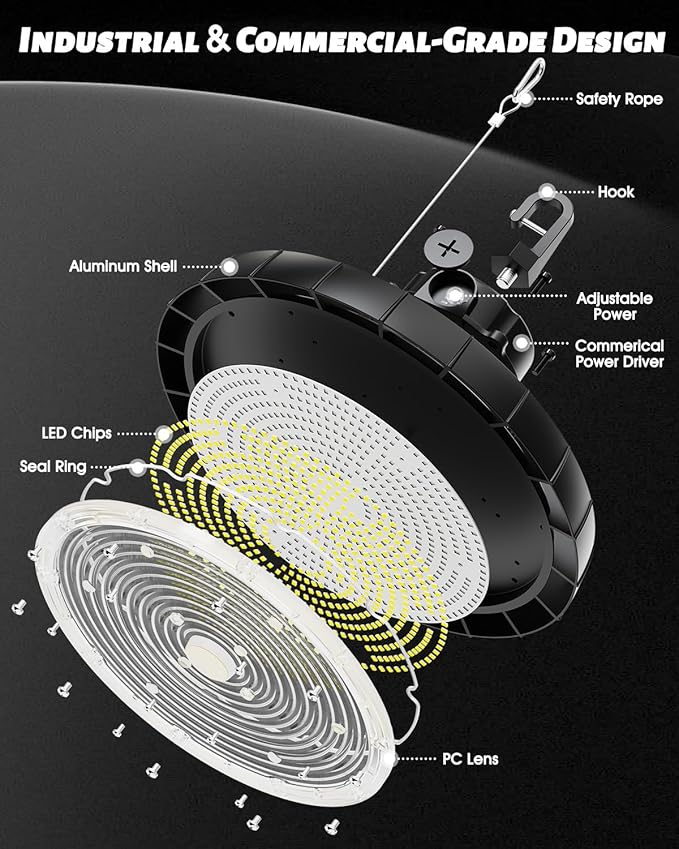 UFO High Bay LED Shop Lights for Garage Workshop,200W(Adjustable) 26000LM 0-10V Dimmable 6500K Daylight Super Bright UFO Lights with US Plug, AC100V-277V IP65 Waterproof Commercial Lamp -20Pack