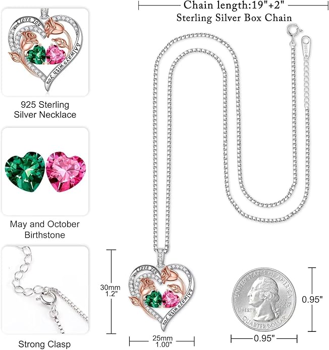 Iefil Christmas Gifts for Women Wife - 925 Sterling Silver Rose Heart Birthstone Necklace Birthday Anniversary Jewelry Gifts for Her Wife Mom Daughter
