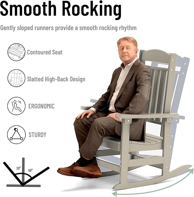 Outdoor Rocking Chairs Set of 6, Oversized High Back Patio Rocking Chairs, All Weather Porch Rocking Chairs for Outside. Sand