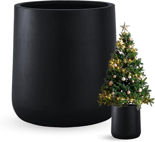 15.3"H x 15"D Conico Fiberstone Round Planter - Christmas Tree Planter, Smooth Finishes, Weather Resistant for Indoor and Outdoor Use, Included 2 Extra Coco Mats (Black, 11.7" Pot Opening)