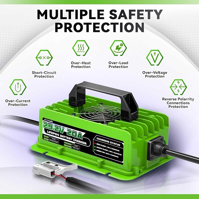 29.2V 20A LiFePO4 Battery Charger 24V 20A Rechargeable Charger with Multiple Safety Protections for 24V Lithium Iron Phosphate Battery