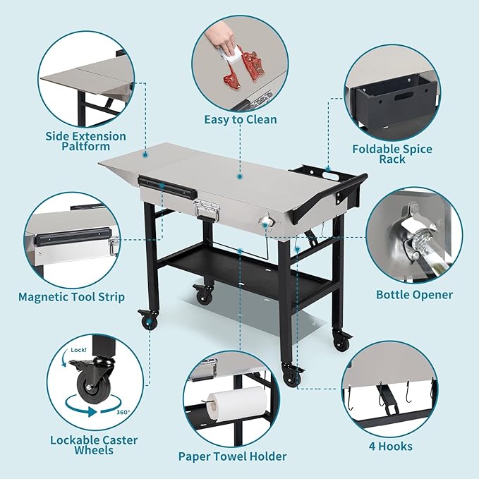 Annualing Stainless Steel Portable Outdoor Grill Cart, Foldable Grill Table with Wheels, 31 x 17 Inch, Expansion Table, 17/22 Inch Blackstone Grills, Ninja Woodfire Grills, Pizza Ovens
