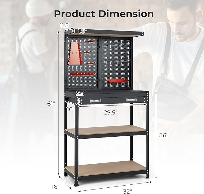 Goplus Workbench, Work Table with Drawer, Pegboard, Hanging Accessories, Topping Space, 4-Tier Heavy Duty Metal Tool Storage Bench, Work Benches for Garage, Workshop (Red, 32" x 16" with Drawer)