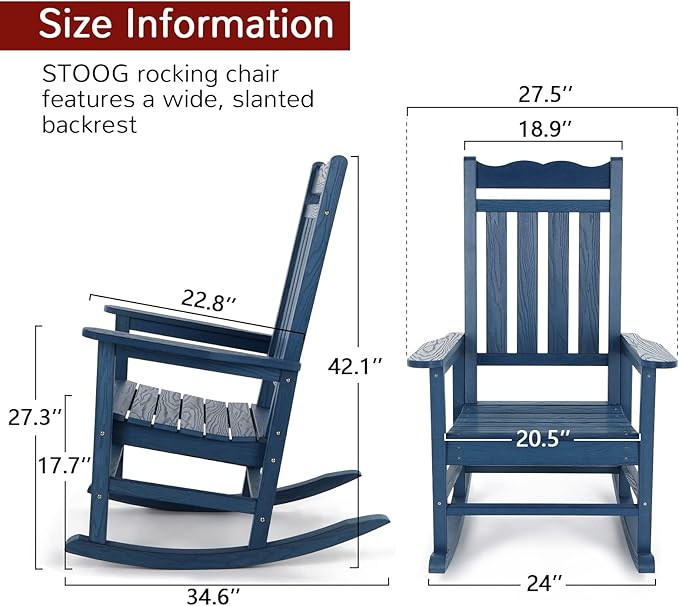 Stoog All-Weather Patio Rocking Chairs Set of 2, Outdoor Rocking Chair with 400 lbs Support, Porch Rocker, Rocking Chairs for Porch, Backyard, Garden and Deck, Blue