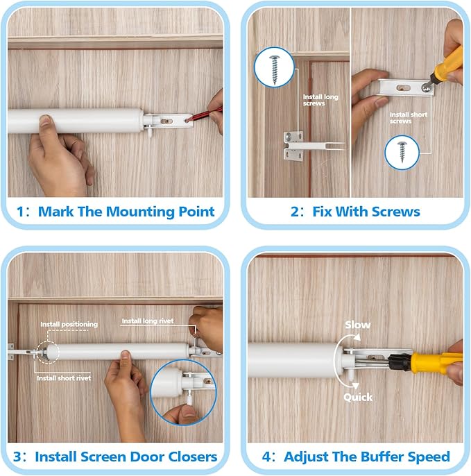 Screen and Storm Door Closer Kit, Closer for Heavy Storm Doors | Screen and Storm Door Push Button Latch Set | Storm Door Protector Chain and Spring (White-Only Closer), MGPneumatic001