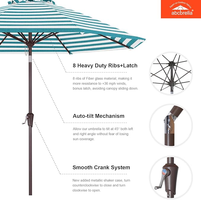 ABCCANOPY OLEFIN® 5-Year No Fading 9FT Patio Umbrella, Outdoor Table Umbrella with 8 Sturdy Ribs for Deck, Backyard, Yard (Turquoise Stripe)