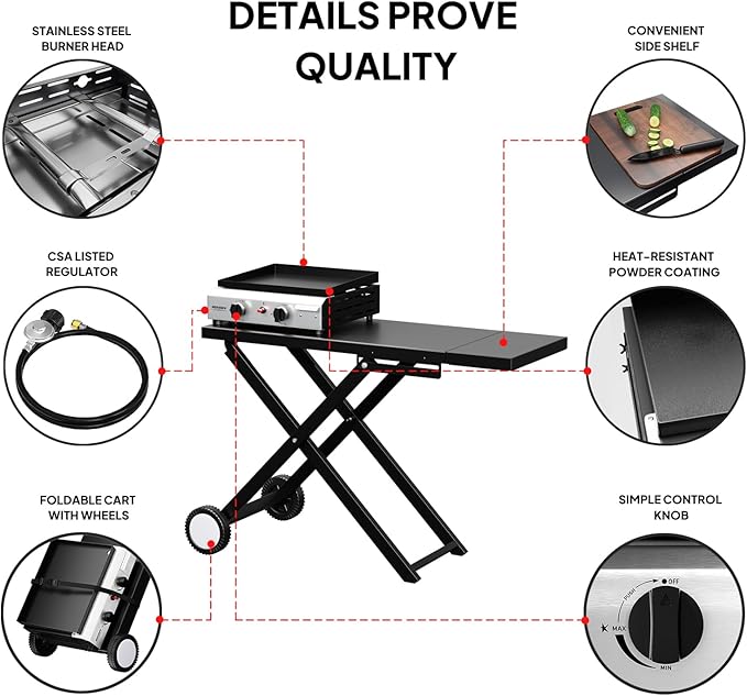 ROVSUN 20000 BTU Foldable Flat Top Gas Grill with Wheels & Enameled Tray, 2 Burner Portable Propane Griddle with Electronic Ignition & Regulator for Outdoor Cooking Camping BBQ Tailgating Picnicking
