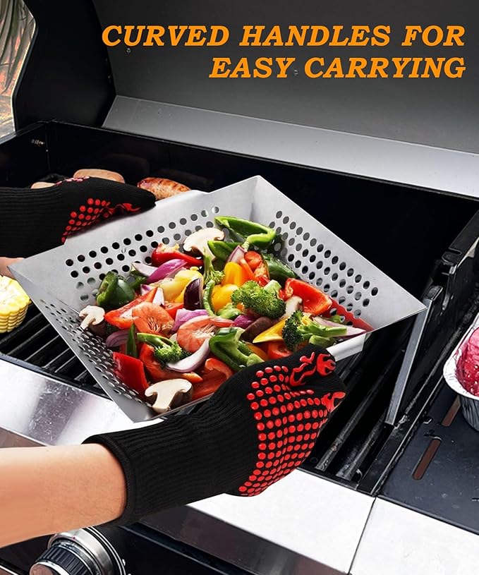 Grill Basket for Outdoor Cooking 13.4 Inch, Stainless Steel Vegetable & Fish Grilling Tray with Handle, Nonstick Dishwasher Safe BBQ Accessories for Camping, Backyard BBQ