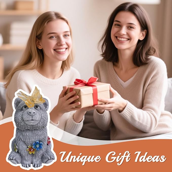 Adorable Baby Bear Garden Statue with Solar Butterfly Light - Cute Bear Cub Figurine with Flower Accents - Outdoor Decor for Patio Lawn - Christmas Housewarming Birthday Gifts for Grandma Mom Women