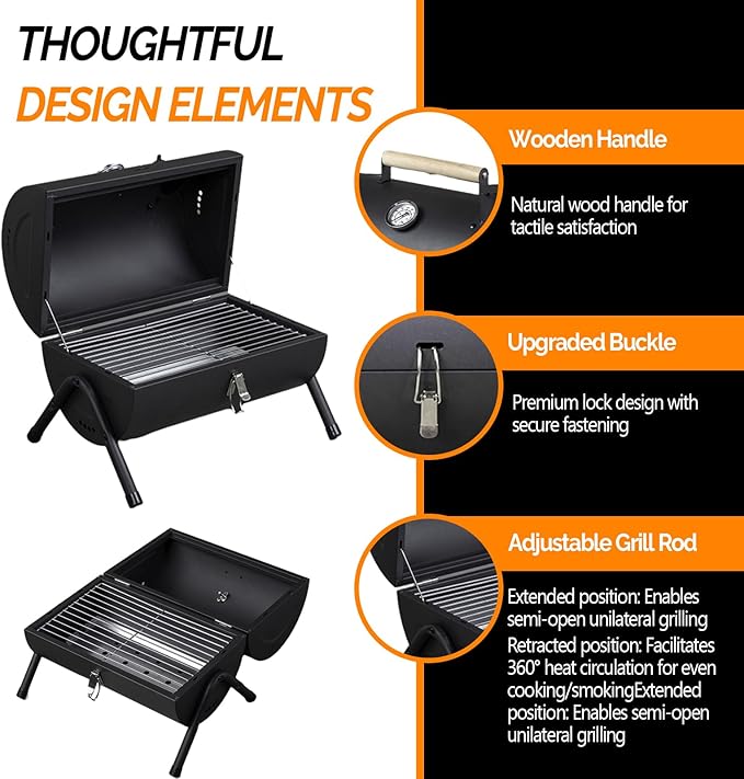 VINGLI Portable Charcoal Grill with Thermometer & Wooden Handle, Multi-functional Metal Compact Tabletop BBQ Outdoor Charcoal Grill for Camping Travel Picnic Patio
