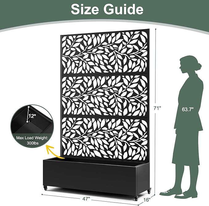 Metal Raised Garden Bed with Trellis Privacy Screen, Large Planters Box with Wheels & Drainage Holes for Climbing Plants (47" L×16" W×71" H, Black Leaf)