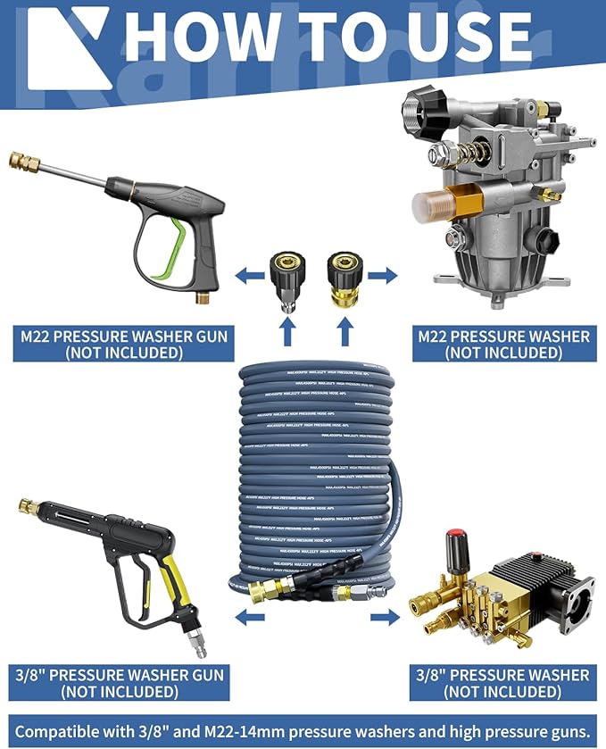 Pressure Washer Hose 100FT 3/8" for Cold and Hot Water 212°F, with Swivel Quick Connect, 4500PSI Kink Resistant Grade Steel Wire Braided, Power Washer Hose With 2pcs M22-14mm Adapter